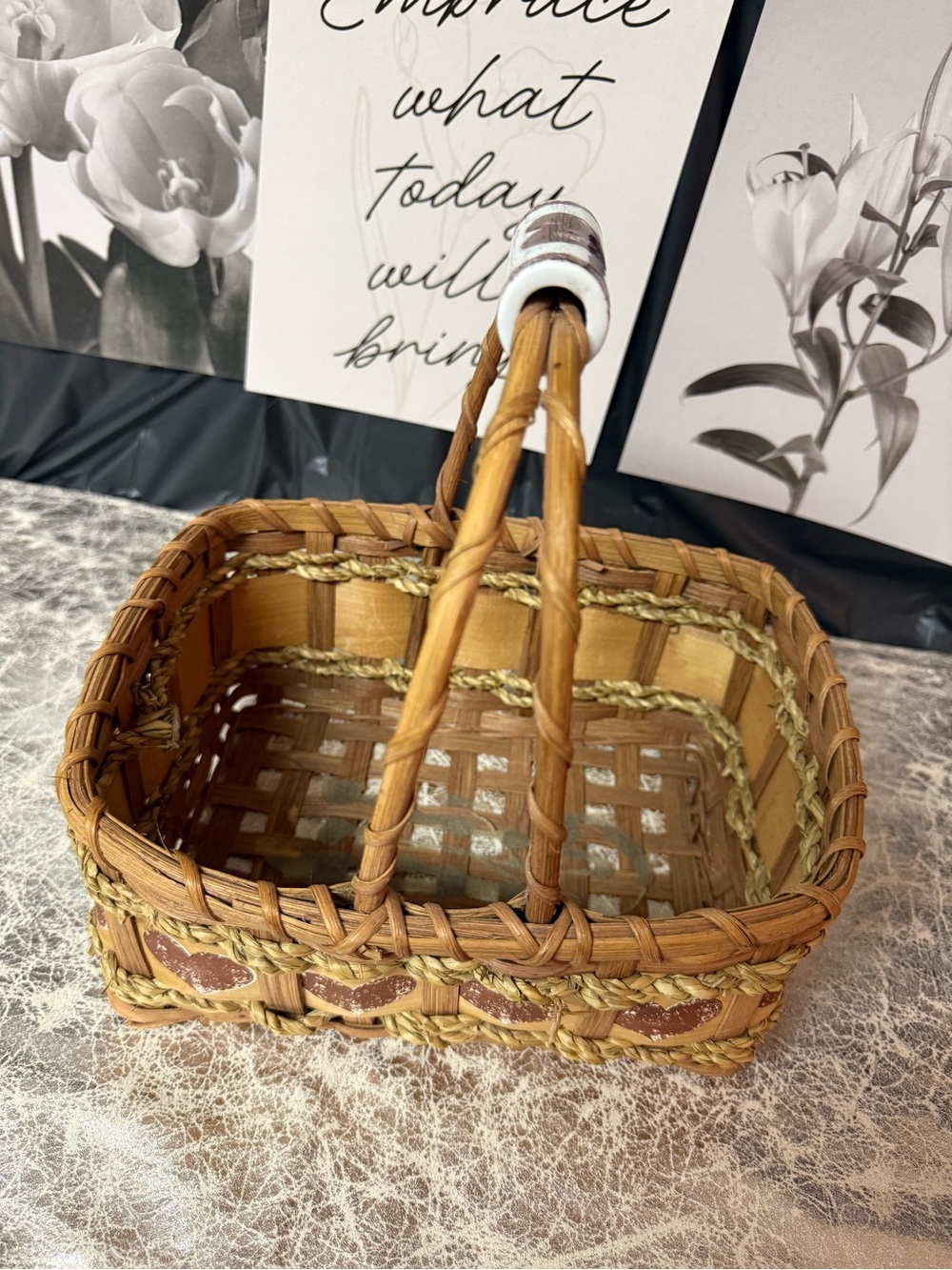 Red Heart Handwoven Brown & Tan Wicker Basket with Handles